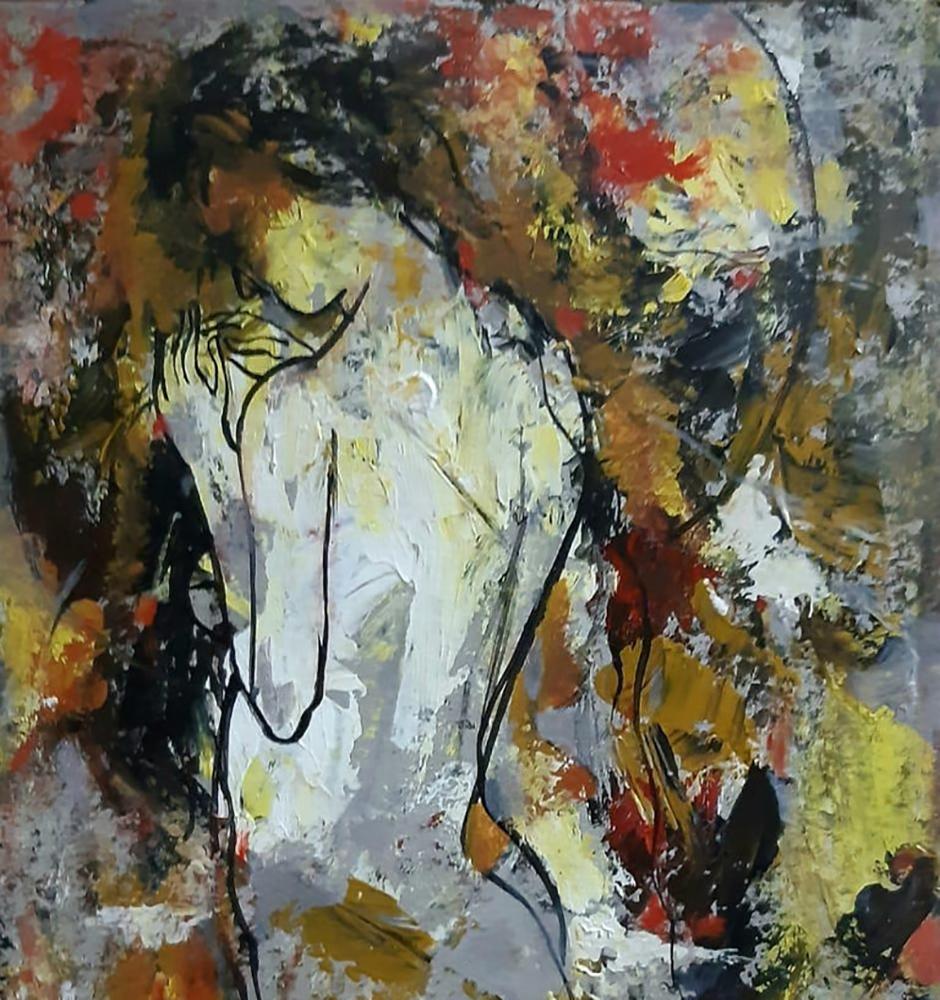 Femme nue, acrylique sur toile, rouge, jaune, marron, artiste contemporaine, « en stock » - Painting de Ashit Sarkar