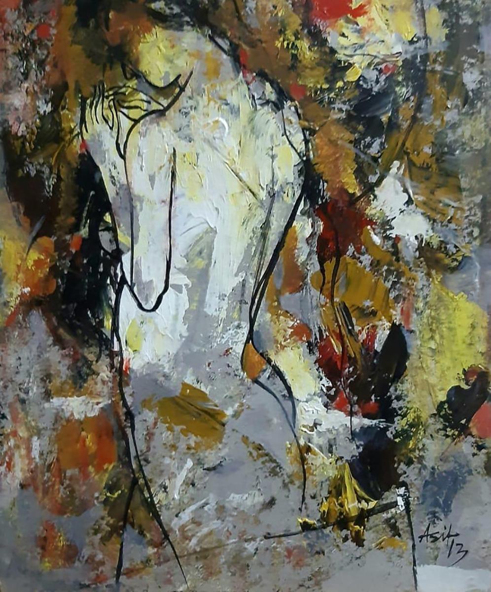 Femme nue, acrylique sur toile, rouge, jaune, marron, artiste contemporaine, « en stock » - Contemporain Painting par Ashit Sarkar