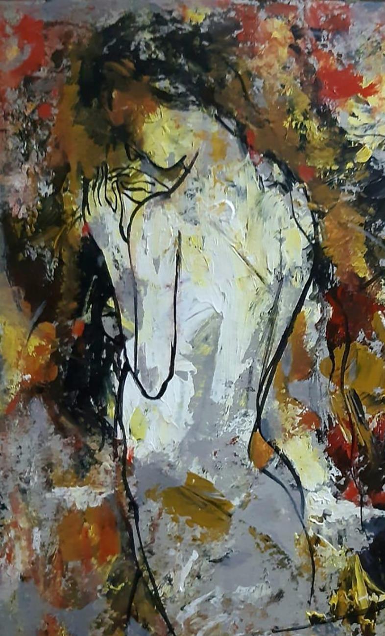 Femme nue, acrylique sur toile, rouge, jaune, marron, artiste contemporaine, « en stock » - Gris Figurative Painting par Ashit Sarkar