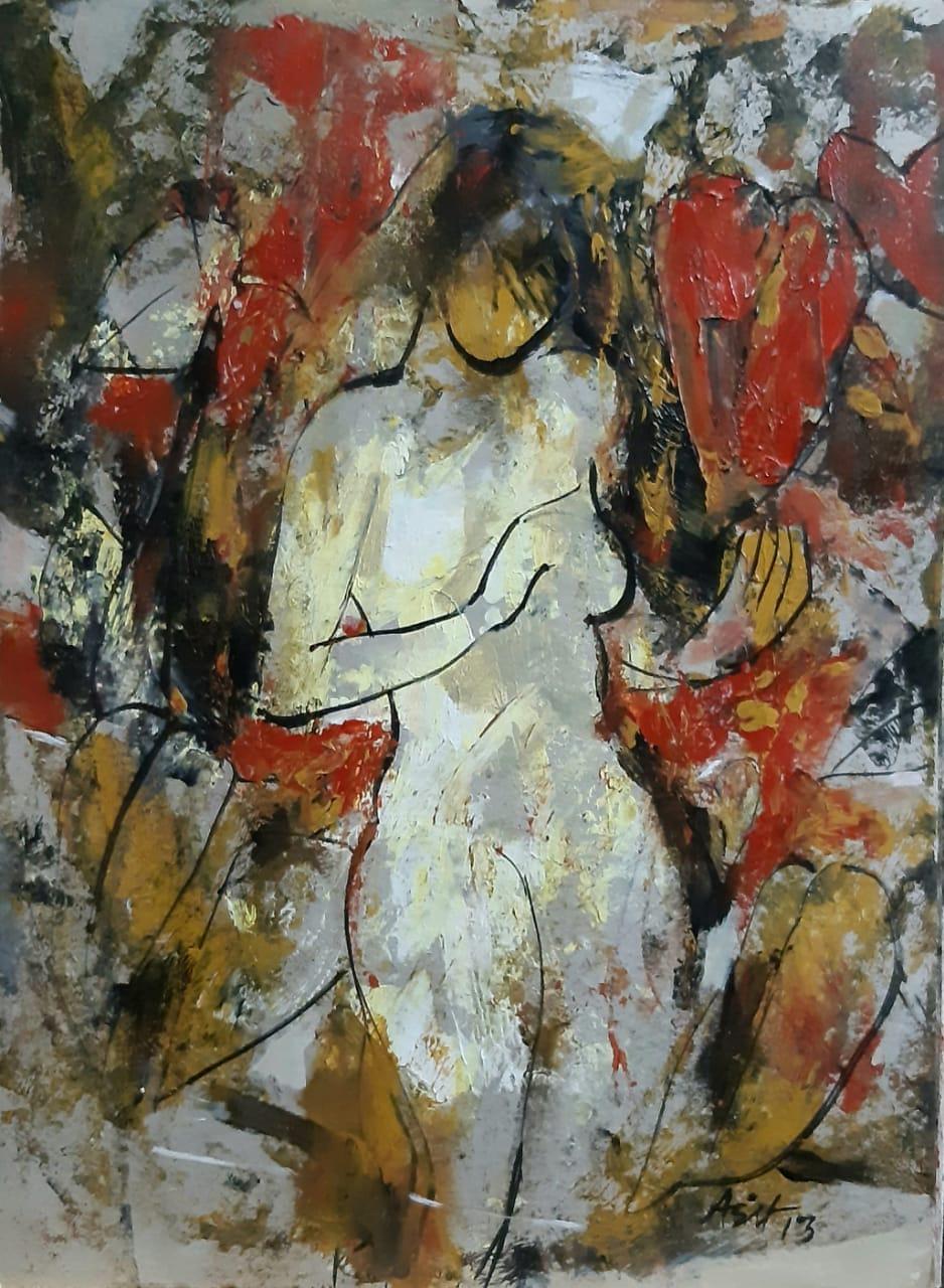 Figurative Painting Ashit Sarkar - Femme nue, acrylique sur toile, rouge, jaune, marron par l'artiste indienne « En stock »