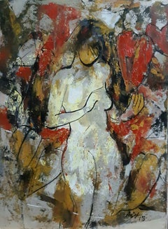 Nude Woman, Acrylic on Canvas, Red, Yellow, Brown by Indian Artist "In Stock"
