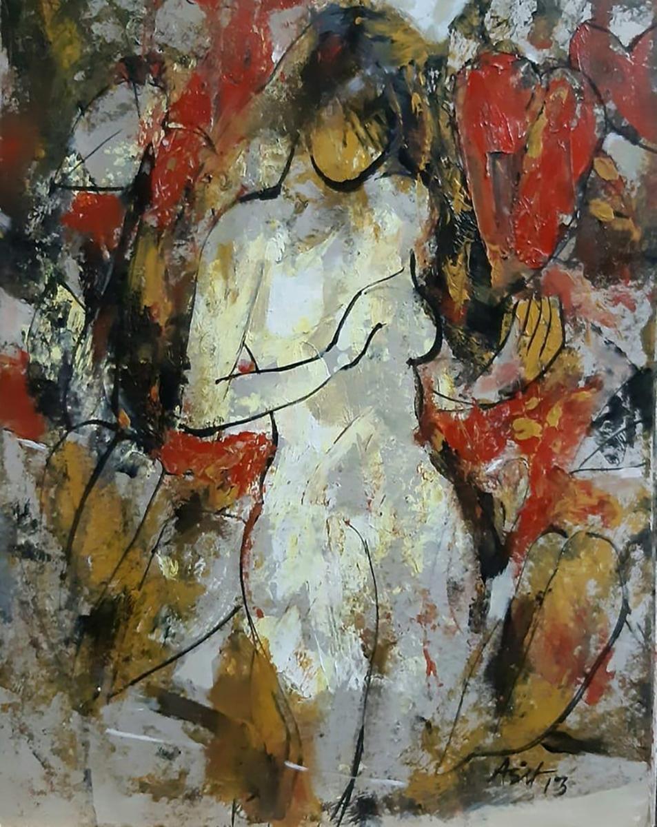 Femme nue, acrylique sur toile, rouge, jaune, marron par l'artiste indienne « En stock » - Painting de Ashit Sarkar
