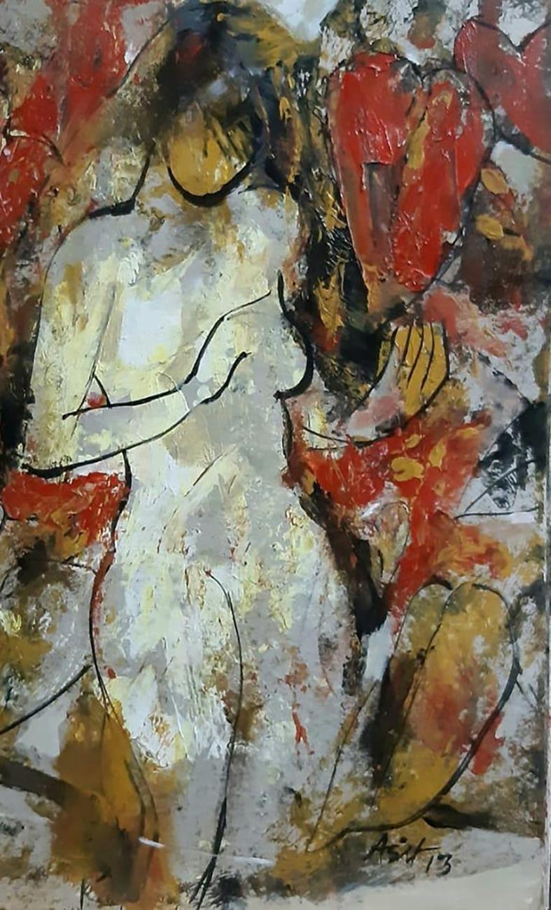 Femme nue, acrylique sur toile, rouge, jaune, marron par l'artiste indienne « En stock » - Contemporain Painting par Ashit Sarkar