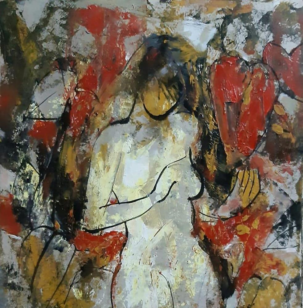 Femme nue, acrylique sur toile, rouge, jaune, marron par l'artiste indienne « En stock » - Gris Figurative Painting par Ashit Sarkar