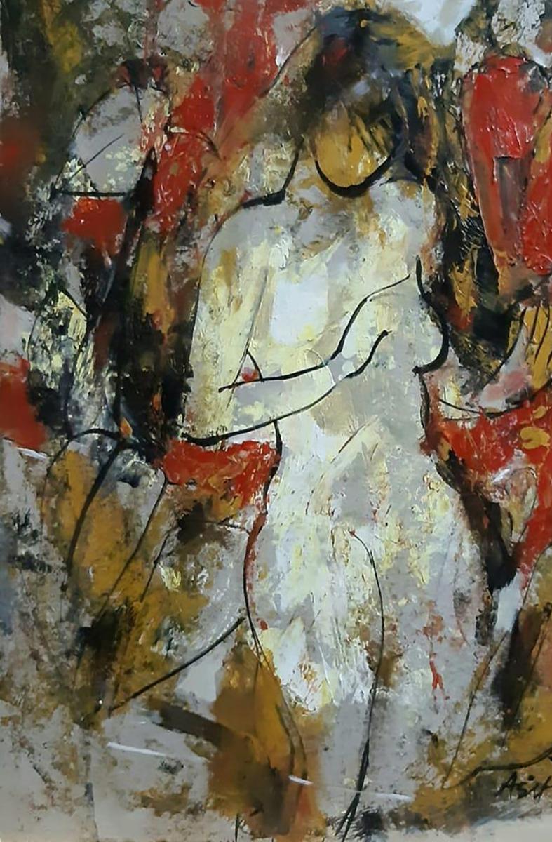 Ashit Sarkar - Sans titre - 20 x 15 pouces (non encadré)                                    
Acrylique sur toile 
Y compris l'expédition en rouleau.

Style : Les femmes occupent une place particulière dans ses œuvres, ce sont des êtres sensibles