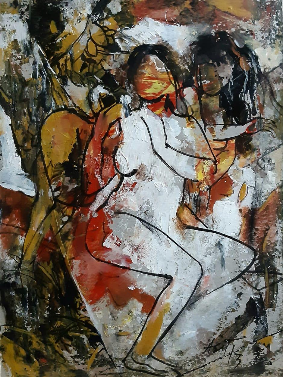 Nude Painting Ashit Sarkar - Femmes nues, acrylique sur toile, rouge, jaune, Brown, artiste contemporain "En stock"