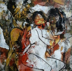 Femmes nues, acrylique sur toile, rouge, jaune, Brown, artiste contemporain "En stock"