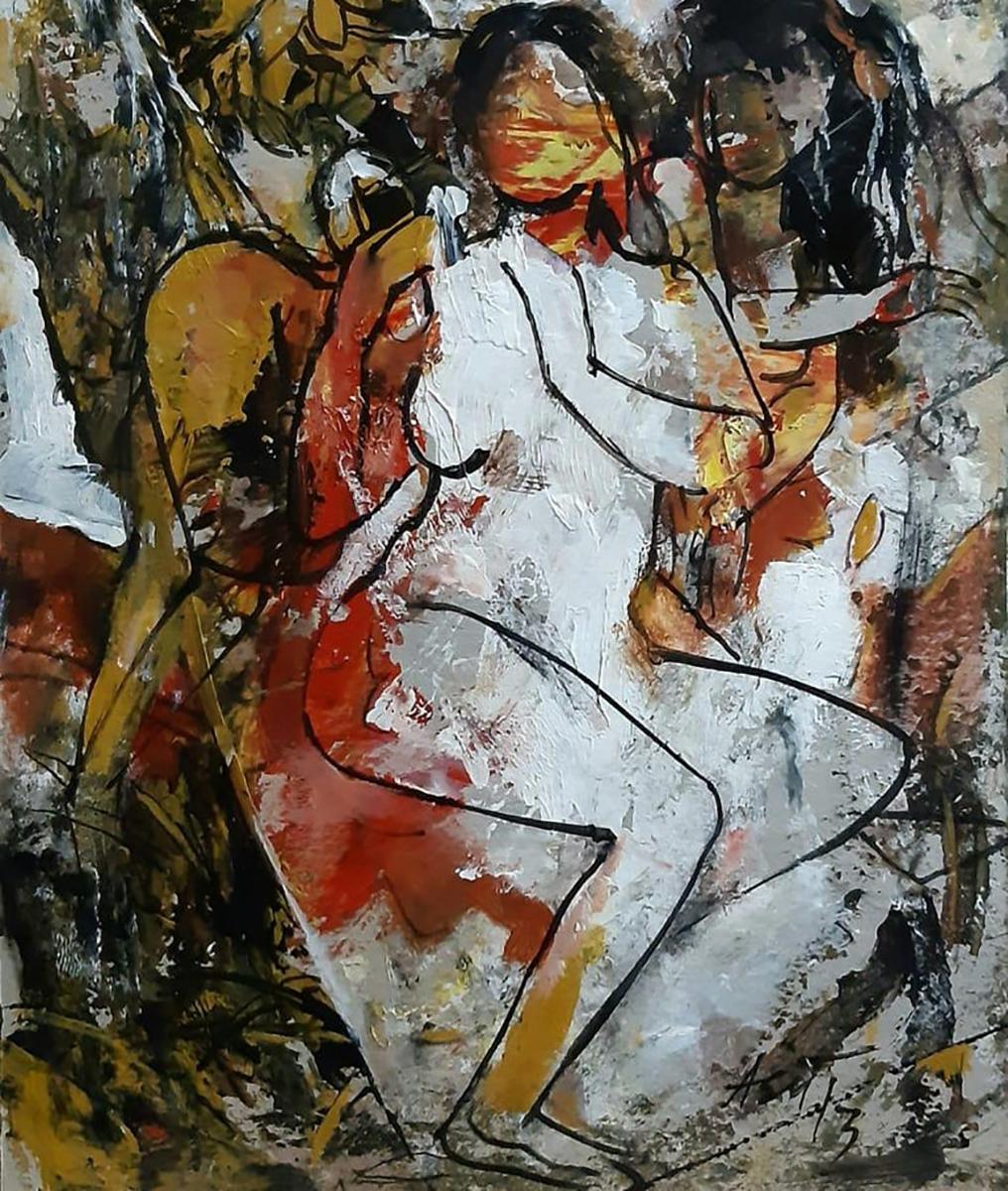 Femmes nues, acrylique sur toile, rouge, jaune, Brown, artiste contemporain 