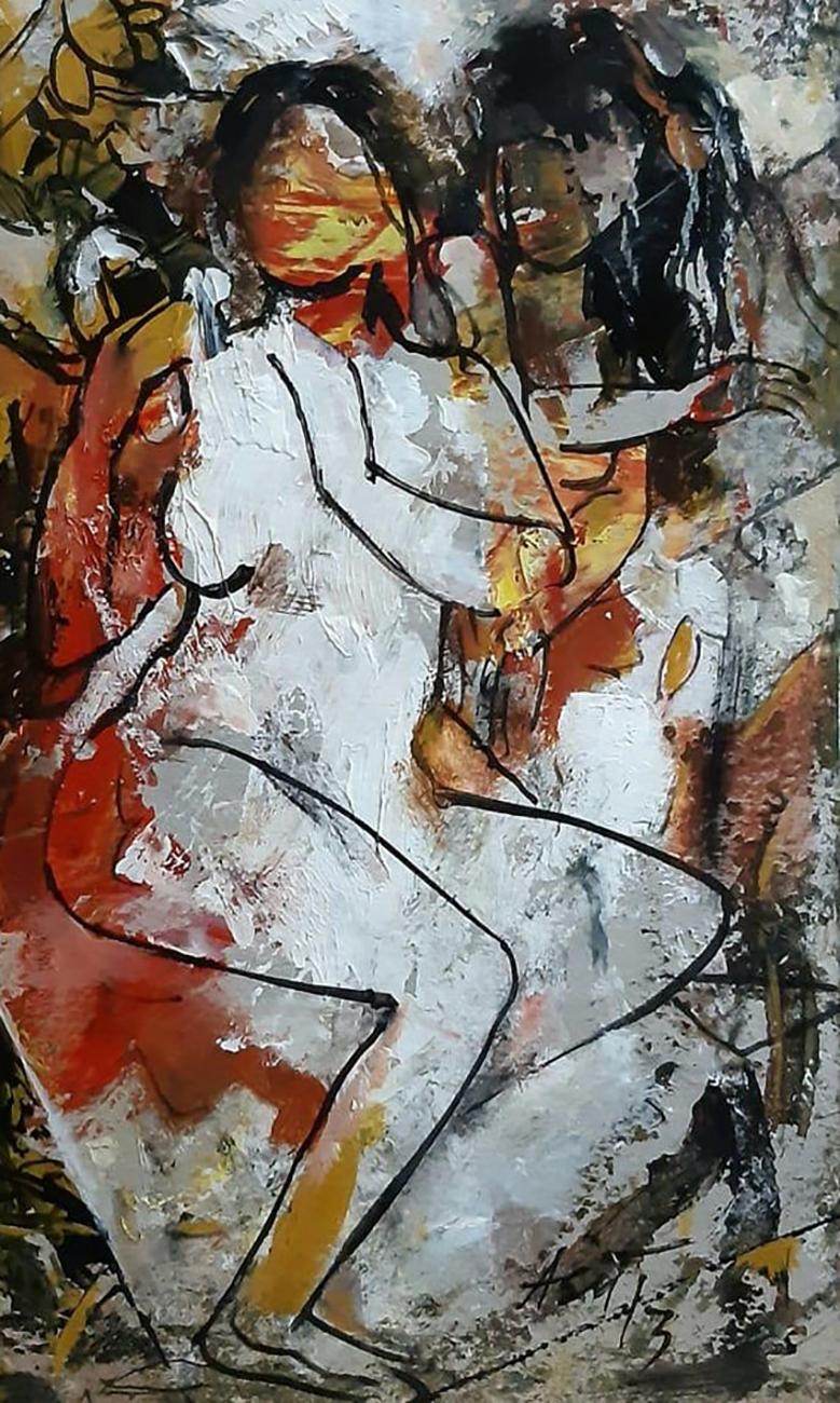 Femmes nues, acrylique sur toile, rouge, jaune, Brown, artiste contemporain 