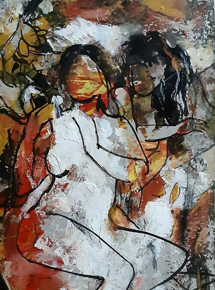 Nude Women, Acrylic on Canvas, Red, Yellow, Brown, Contemporary Artist