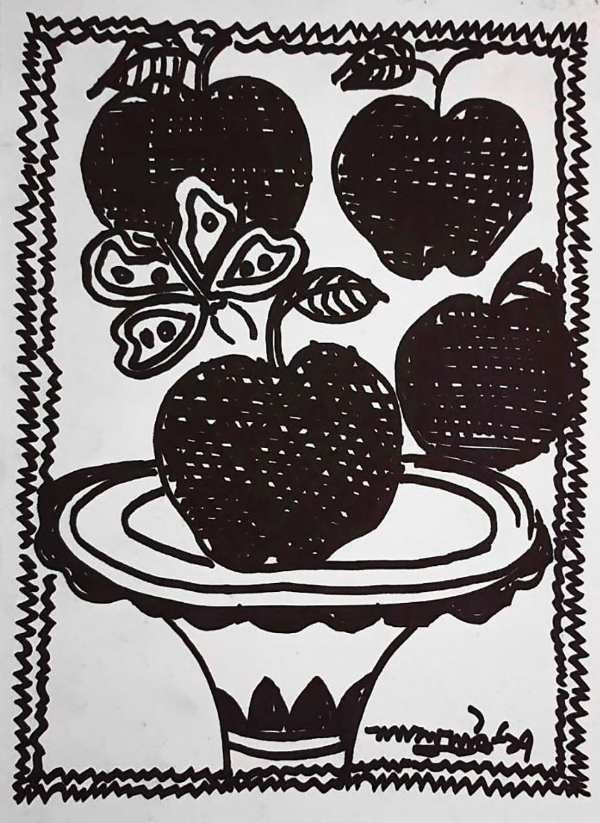 Lalu Prasad Shaw Still-Life Painting - Still Life, Apples, Drawings, Ink on paper by Modern Indian Artist "In Stock"