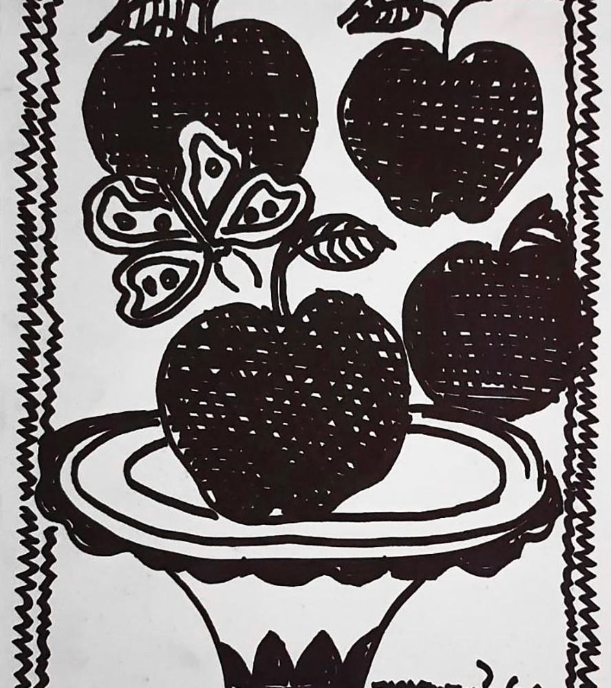 Still Life, Apples, Drawings, Ink on paper by Modern Indian Artist 
