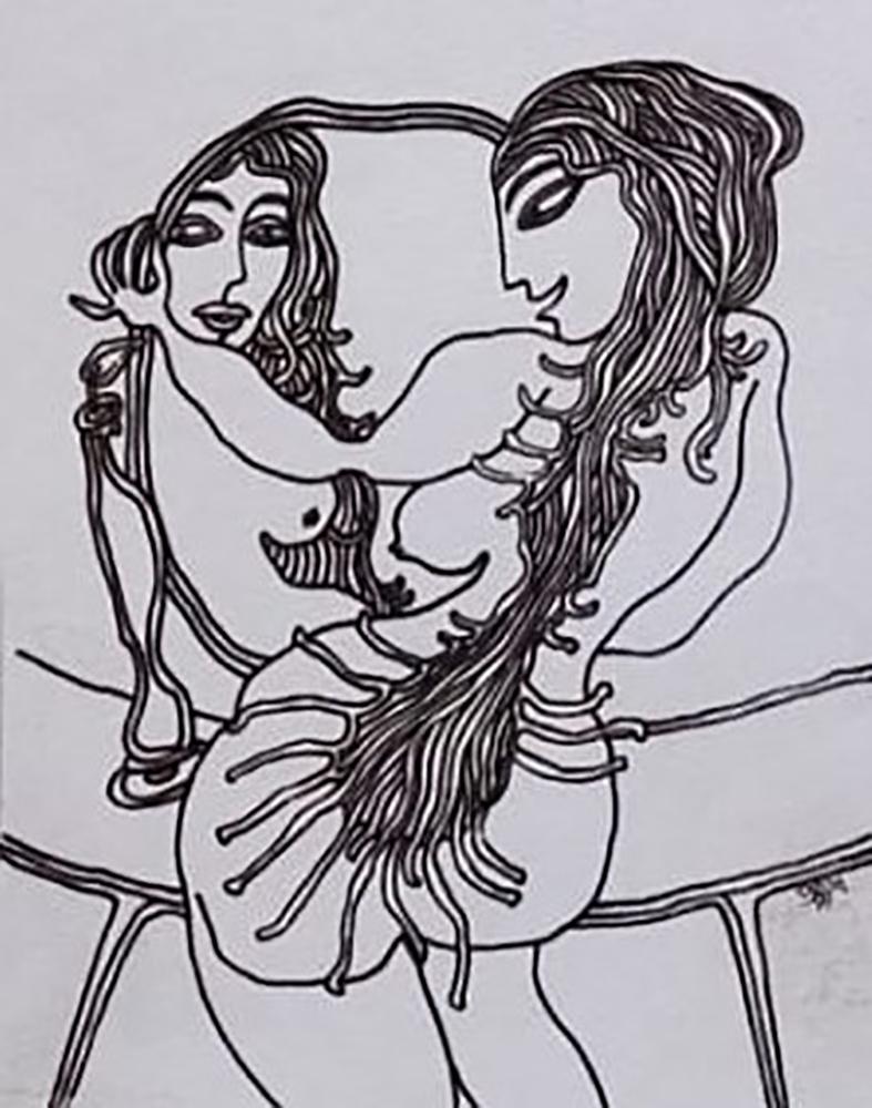 Woman in front of Mirror, Nude, Marker on paper, Modern Indian Artist "In Stock"