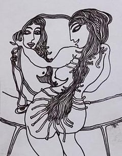 Mujer frente al espejo, Desnudo, Rotulador sobre papel, Artista indio moderno "En Stock"