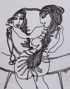 Retro Woman in front of Mirror, Nude, Marker on paper, Modern Indian Artist "In Stock"