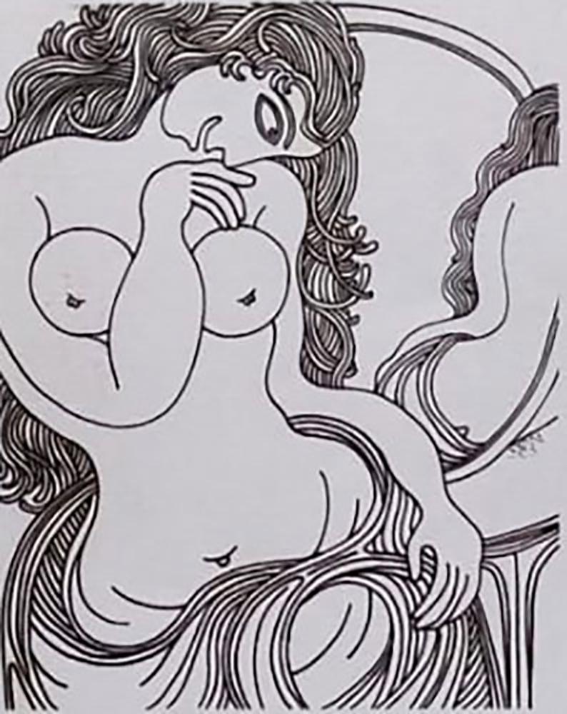 Woman & the Mirror, Nude, Marker on paper by Modern Indian Artist "In Stock"