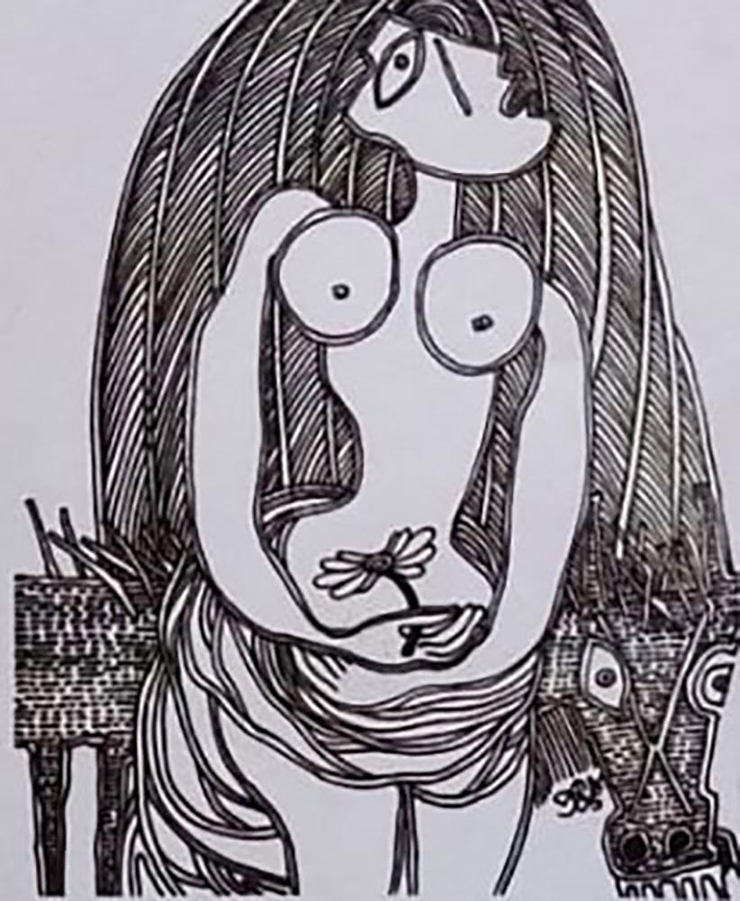 Woman with Flower, Nude, Marker on paper by Modern Indian Artist "In Stock"