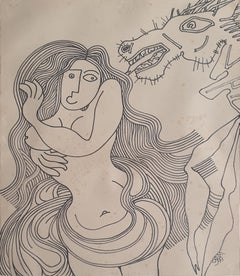 Woman with Horse, Nude, Ink on paper by Modern Indian Artist "In Stock"