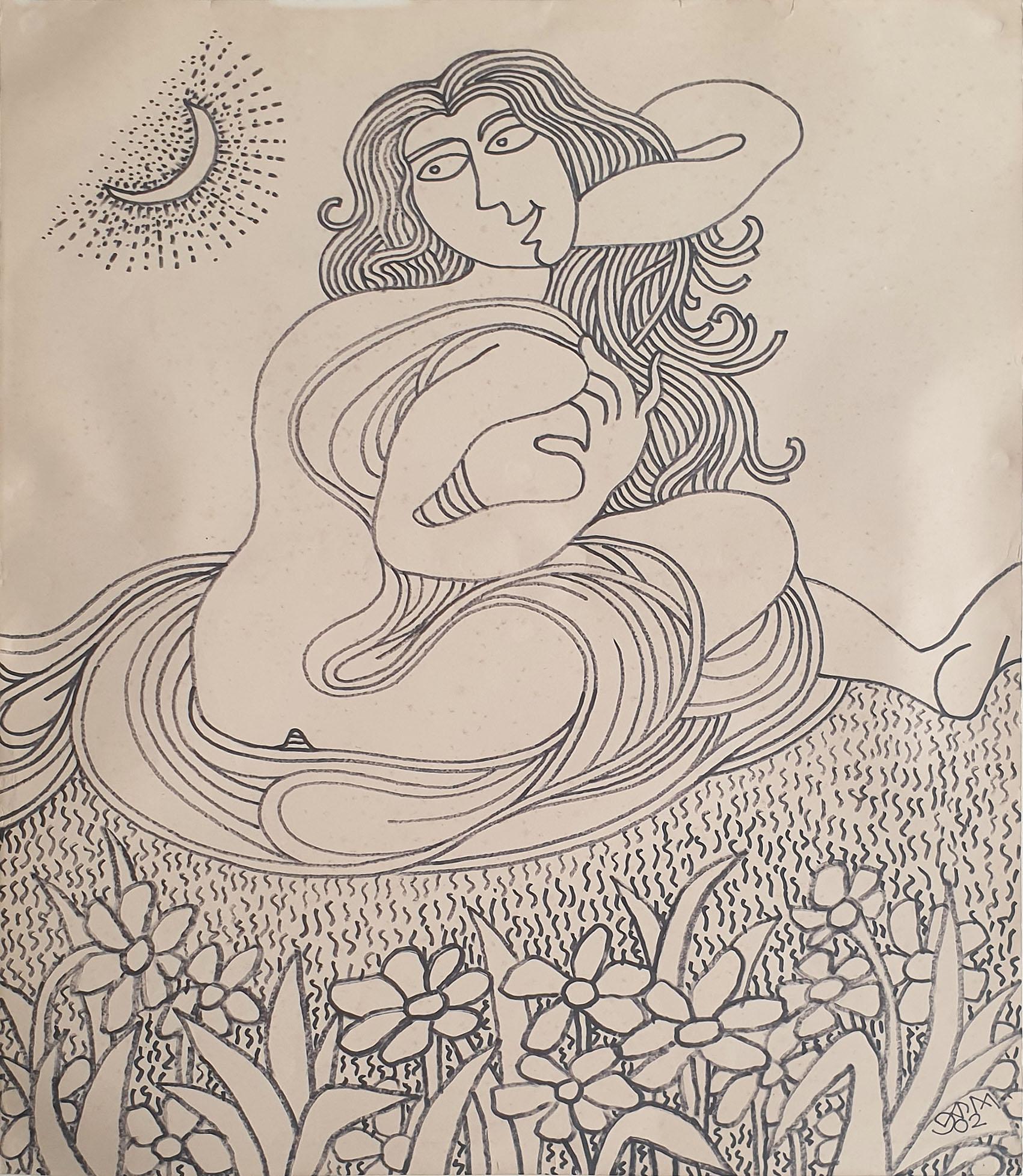 Donna seduta in giardino, Nudo, Inchiostro su carta di Artista Indiano Moderno "In magazzino"