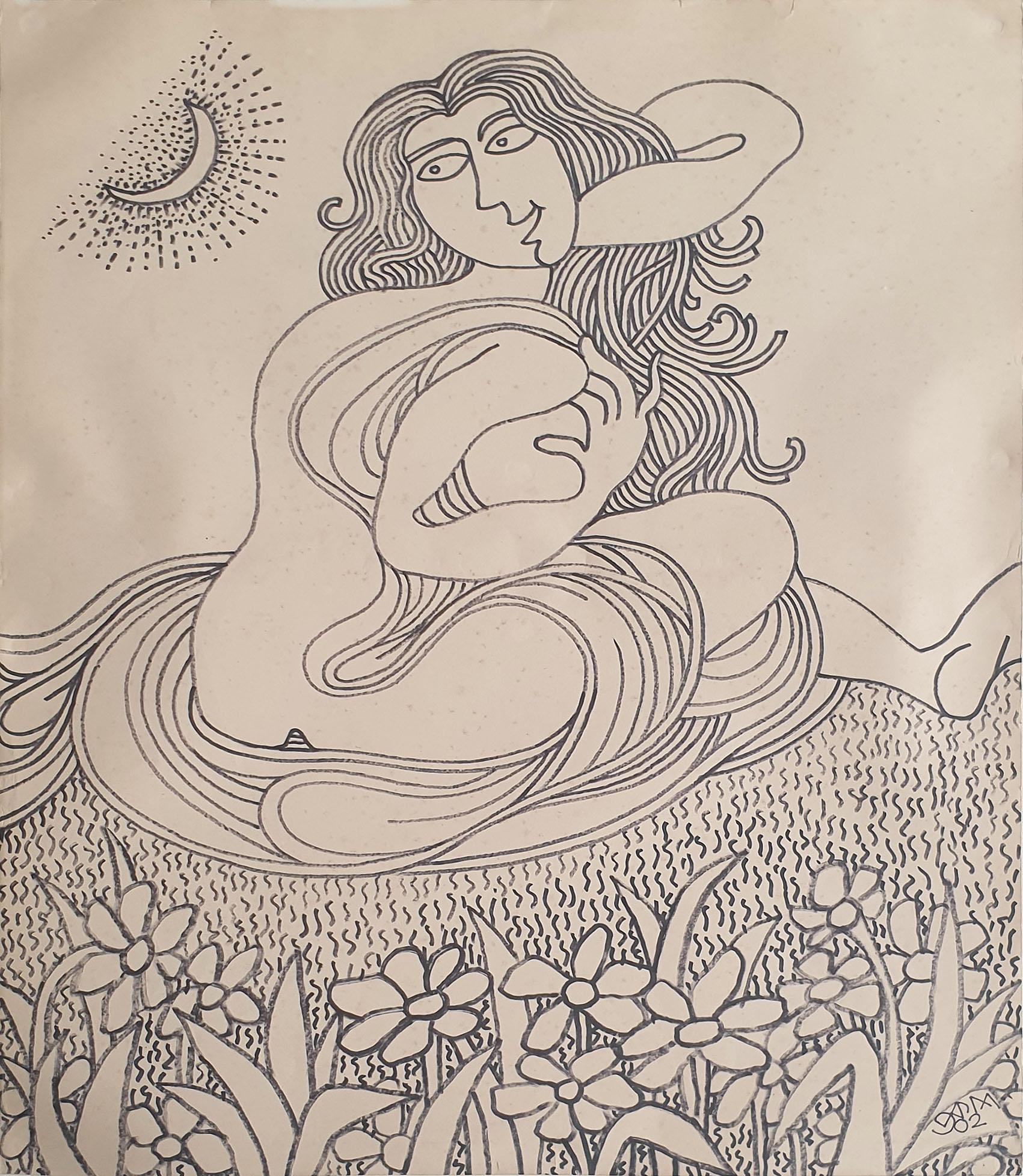 Femme assise dans un jardin, nu, encre sur papier de l'artiste indienne moderne « En stock »