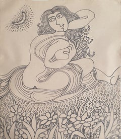 Woman seated in Garden, Nude, Ink on paper by Modern Indian Artist "In Stock"
