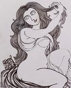 Nude Woman, Long Hair, Drawings, Marker on paper, Modern Indian Artist"In Stock"