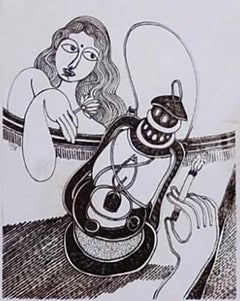 Vintage Woman with Lantern, Drawings, Ink on paper by Modern Indian Artist "In Stock"