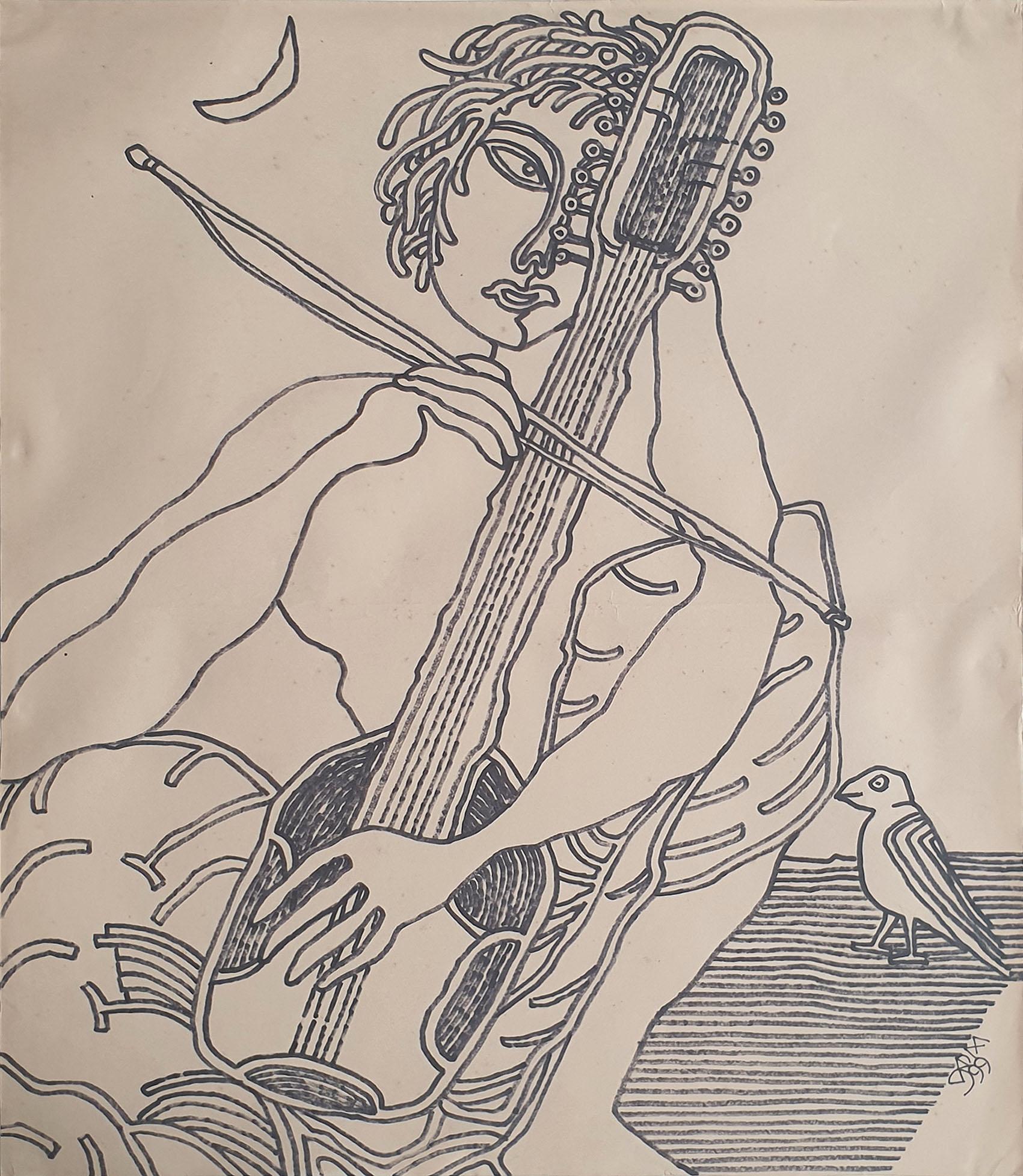 Femme jouant du sitar, nue, encre sur papier de l'artiste indien moderne « en stock »