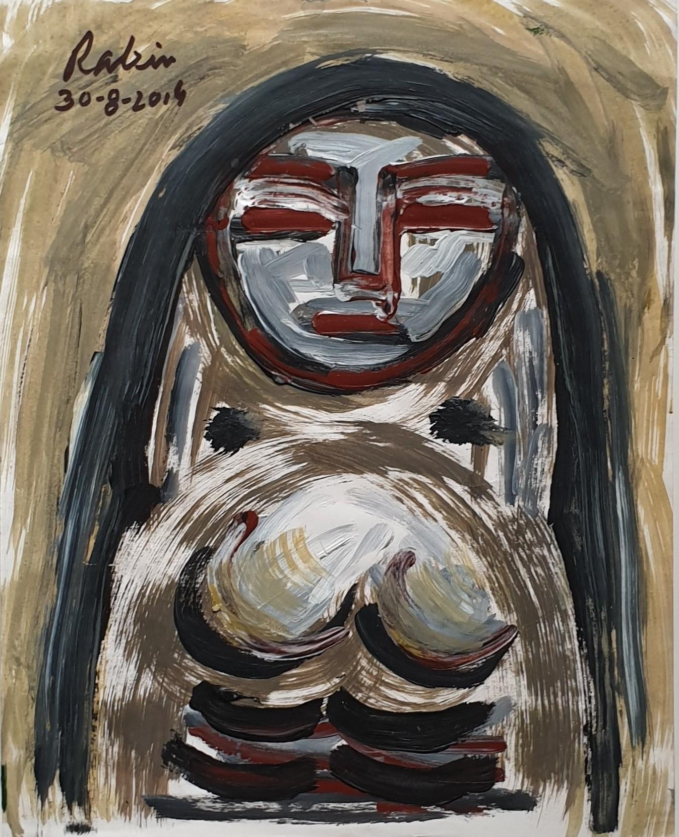 Rabin Mondal Figurative Painting - Woman, Face, Acrylic on Board, Brown, Grey by Indian Modern Artist "In Stock"