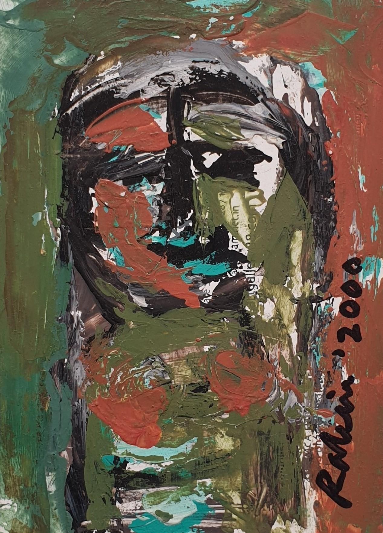 Face, Acrylic & Oil on Printed, Brown, Green by Indian Modern Artist "In Stock"