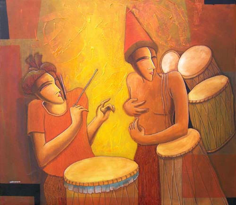 Samir Sarkar Interior Painting - Festival, Drum Players, Acrylic on Canvas, Red, Yellow, Indian Artist "In Stock"