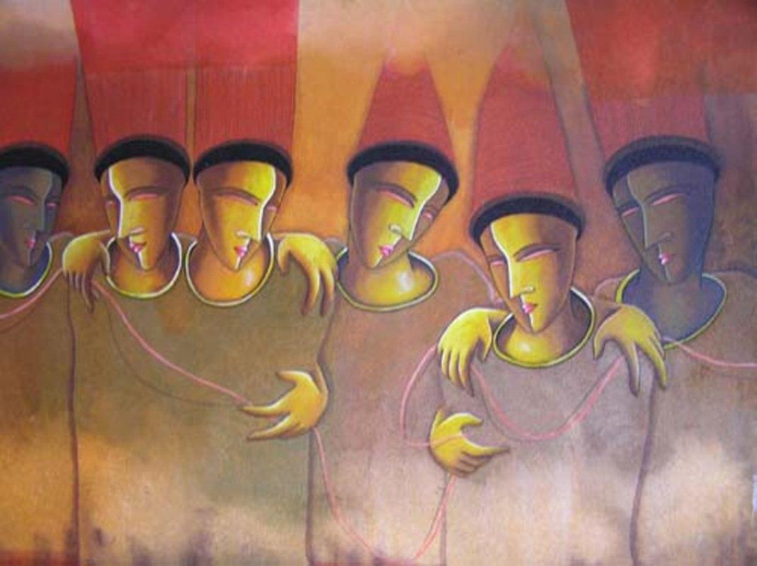 Samir Sarkar Interior Painting - Together, Unity, Acrylic on Canvas, Red, Yellow, Contemporary Artist "In Stock"
