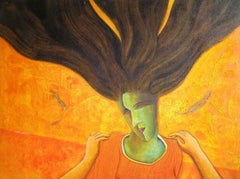 Woman, Acrylic on Canvas, Red, Yellow, Brown by Contemporary Artist "In Stock"