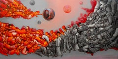 Reunión, Acrílico sobre Lienzo, Rojo, Amarillo, Marrón por Artista Contemporáneo "En Stock"