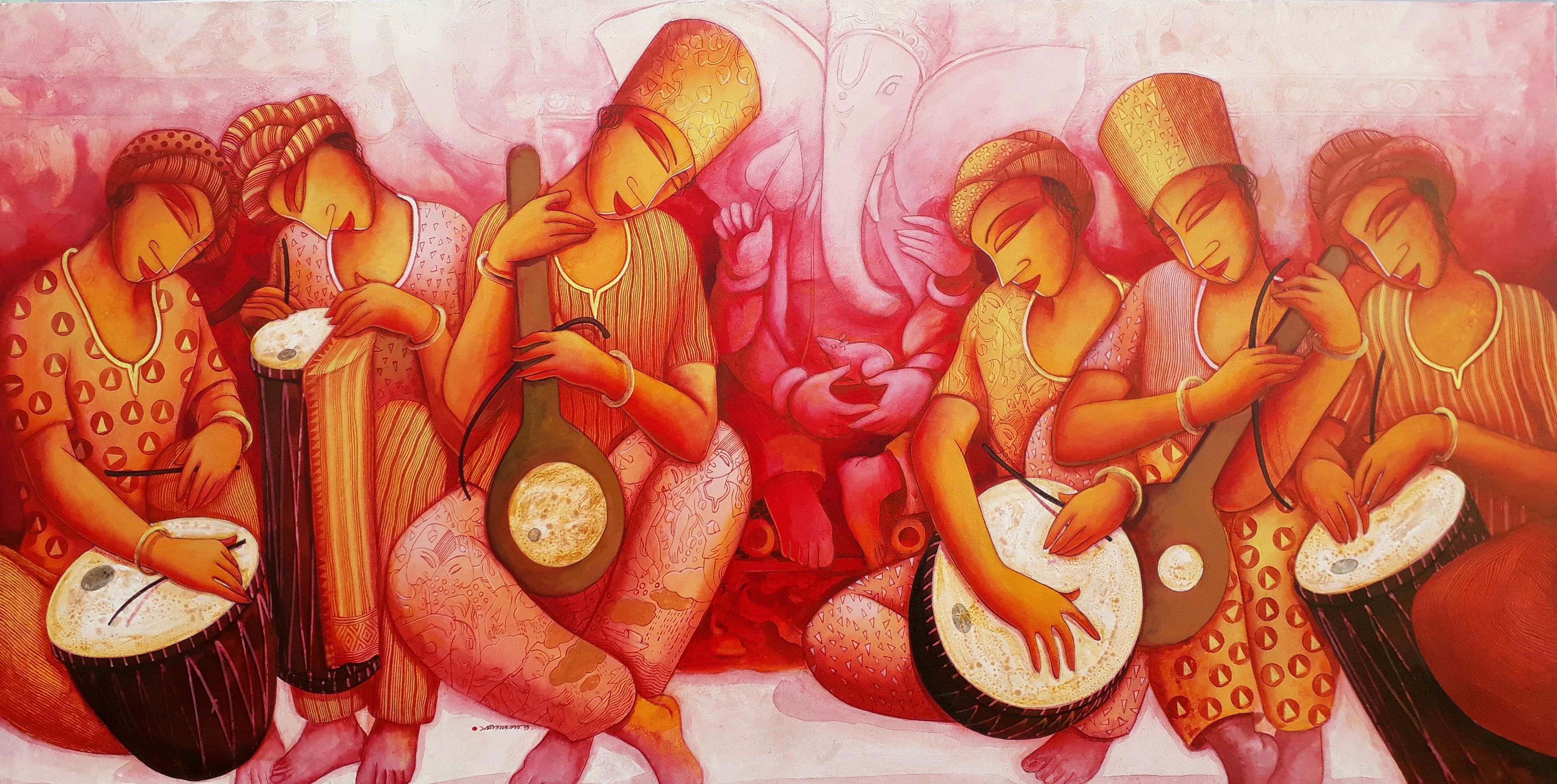 Musicians, Acrylic on Canvas, Red, Yellow, Pink by Contemporary Artist"In Stock"