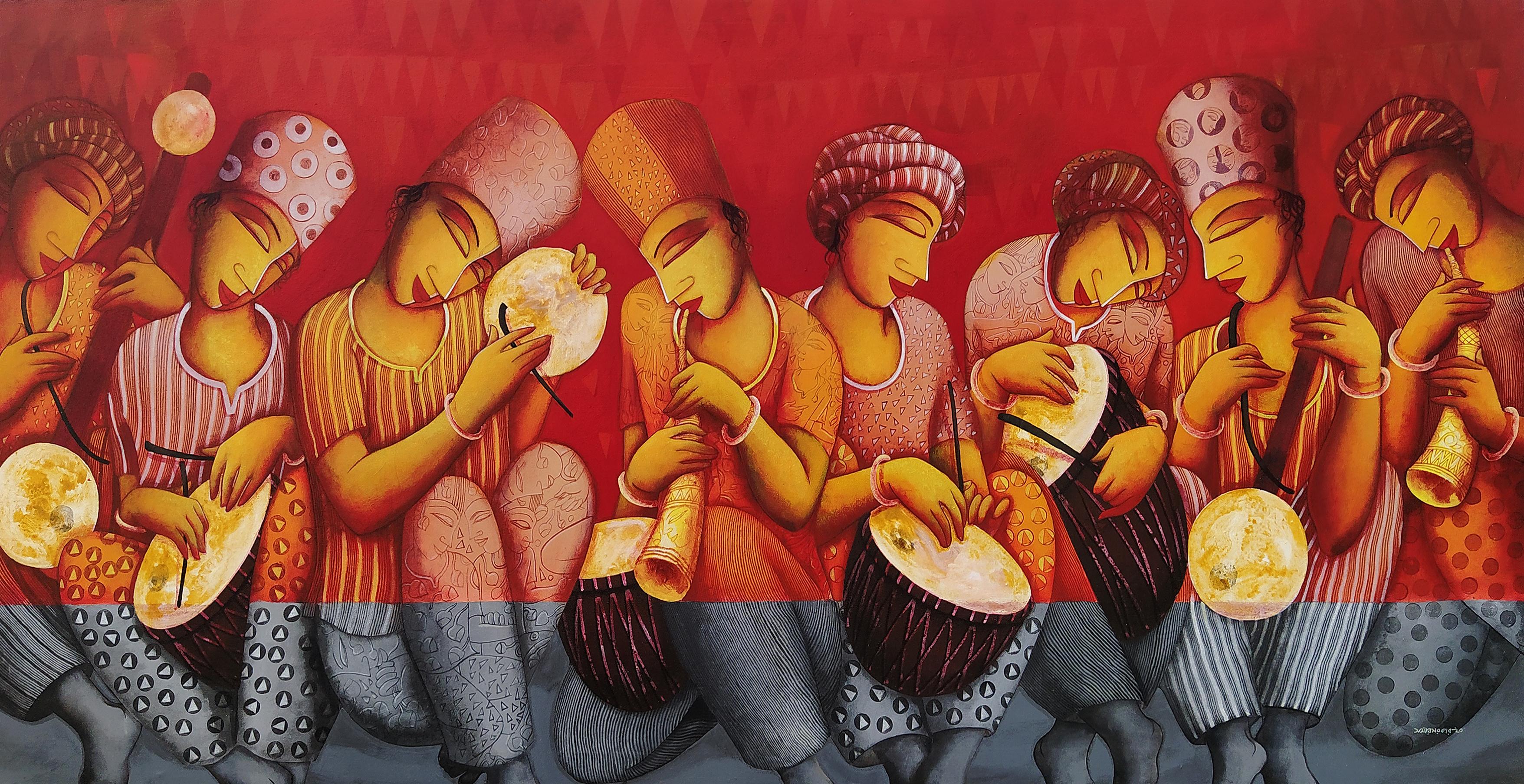 Artiste indien « Musicians, Playing Drums », acrylique sur toile, rouge, jaune