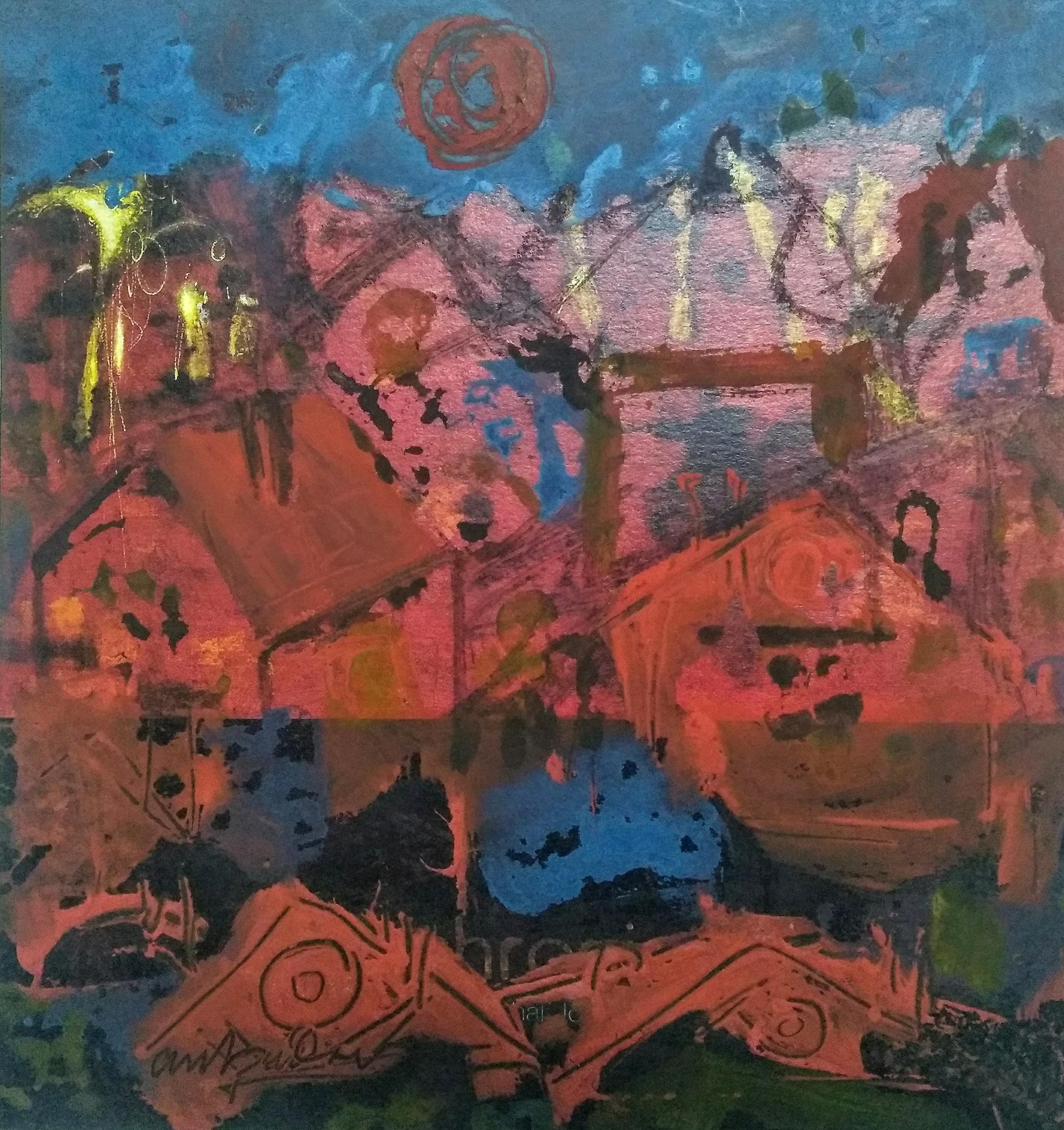 Euroscape -2, technique mixte sur toile, rouge, bleu par l'artiste contemporain « En stock »