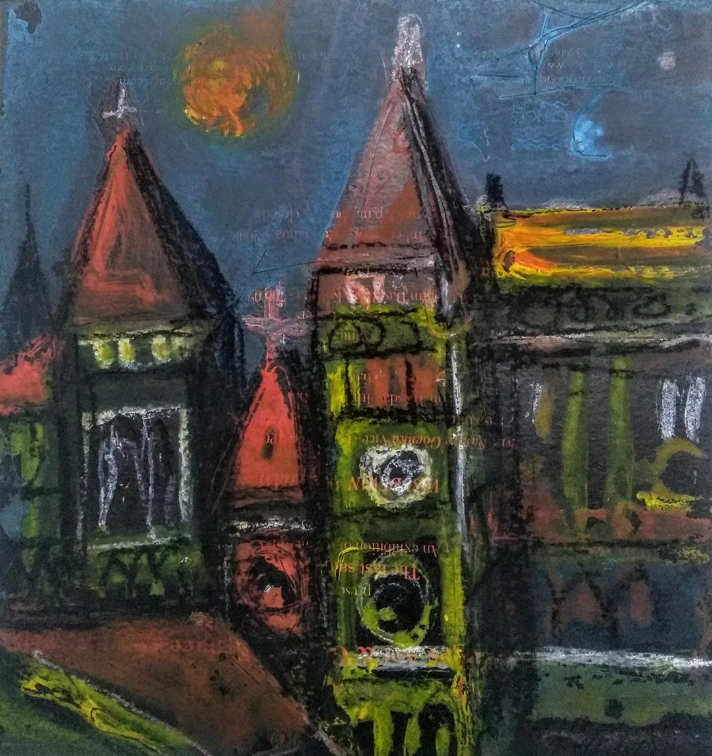 Euroscape -1, Técnica mixta sobre lienzo, Rojo, Azul por Artista Contemporáneo "En Stock"