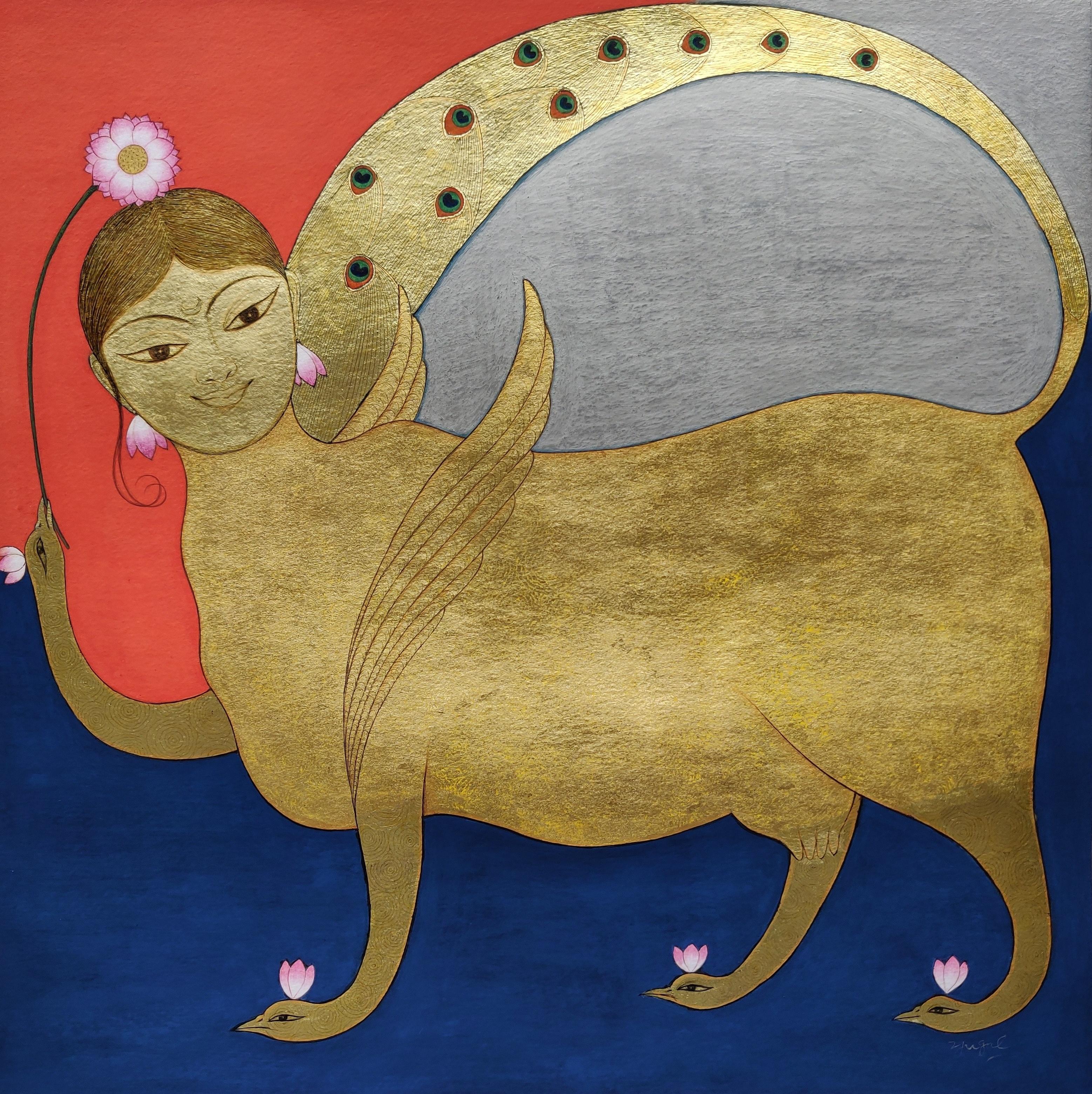 Kamdhenu, Gouache & Gold Leaf on Paper, Golden by Contemporary Artist 