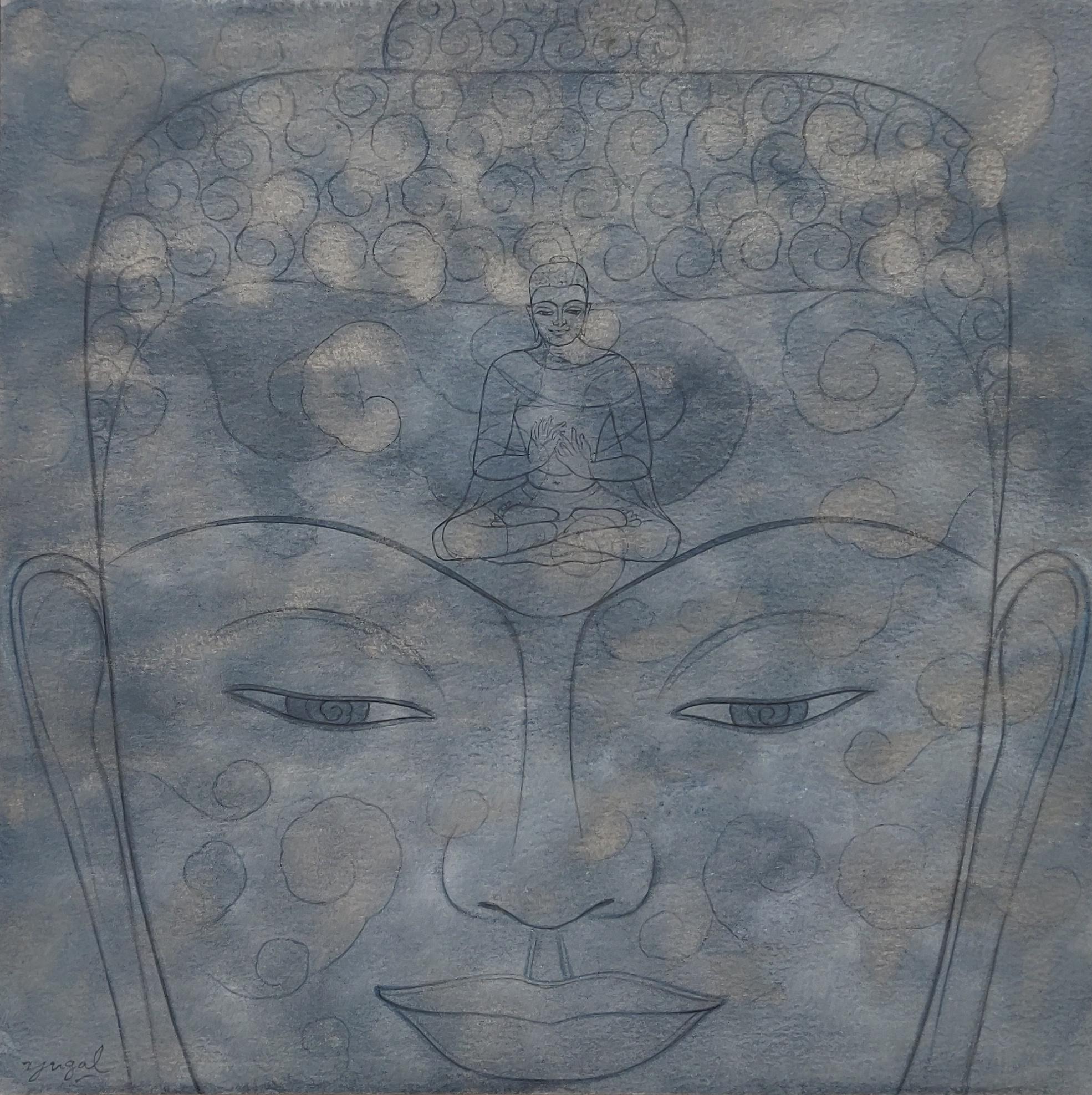 Buddha, God, Watercolor, Silver & Ink on Paper by Contemporary Artist 