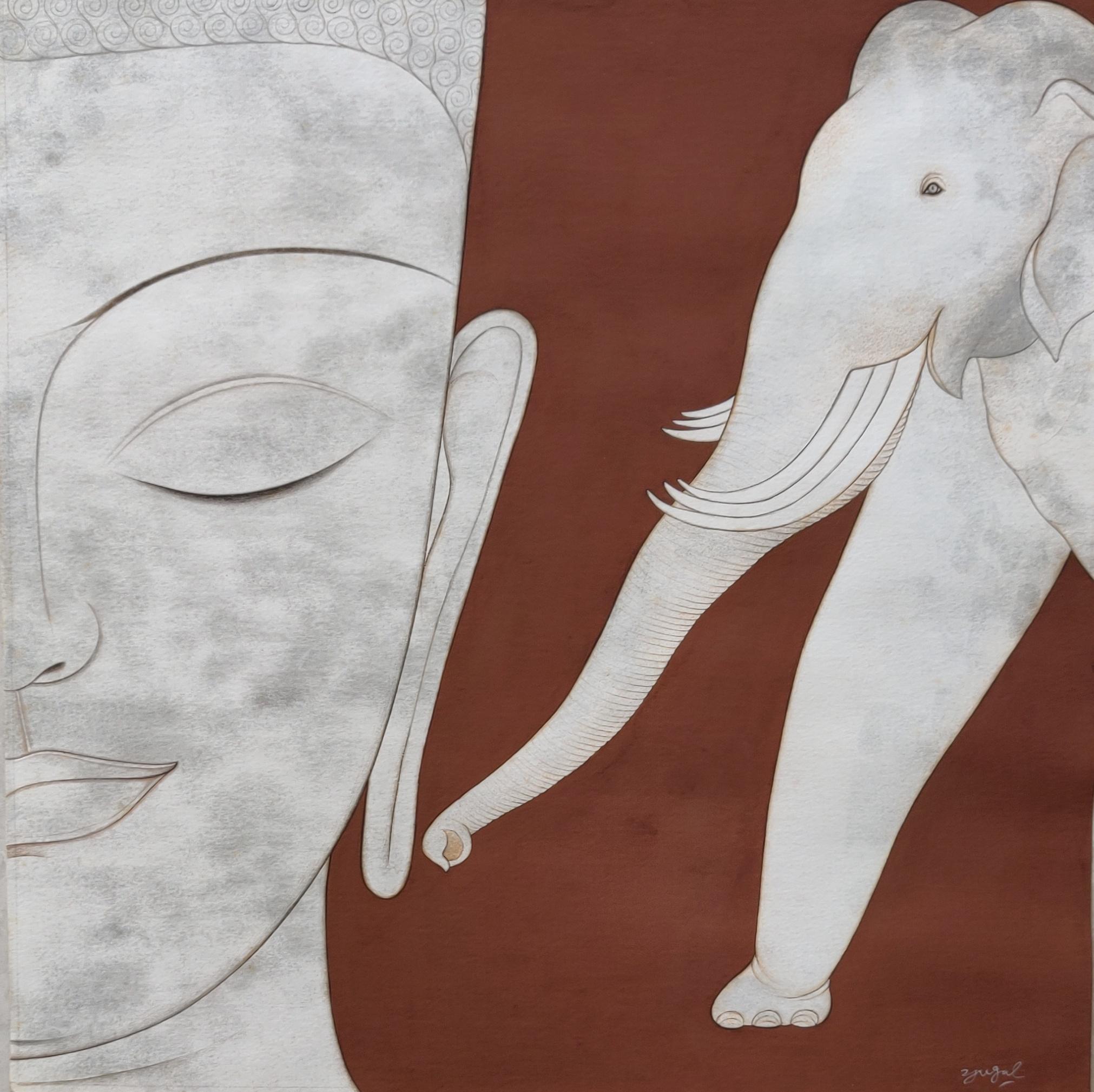Buddha in Jaatak, Gouache, Silber und Tinte auf Papier, zeitgenössischer Künstler, „Auf Lager“