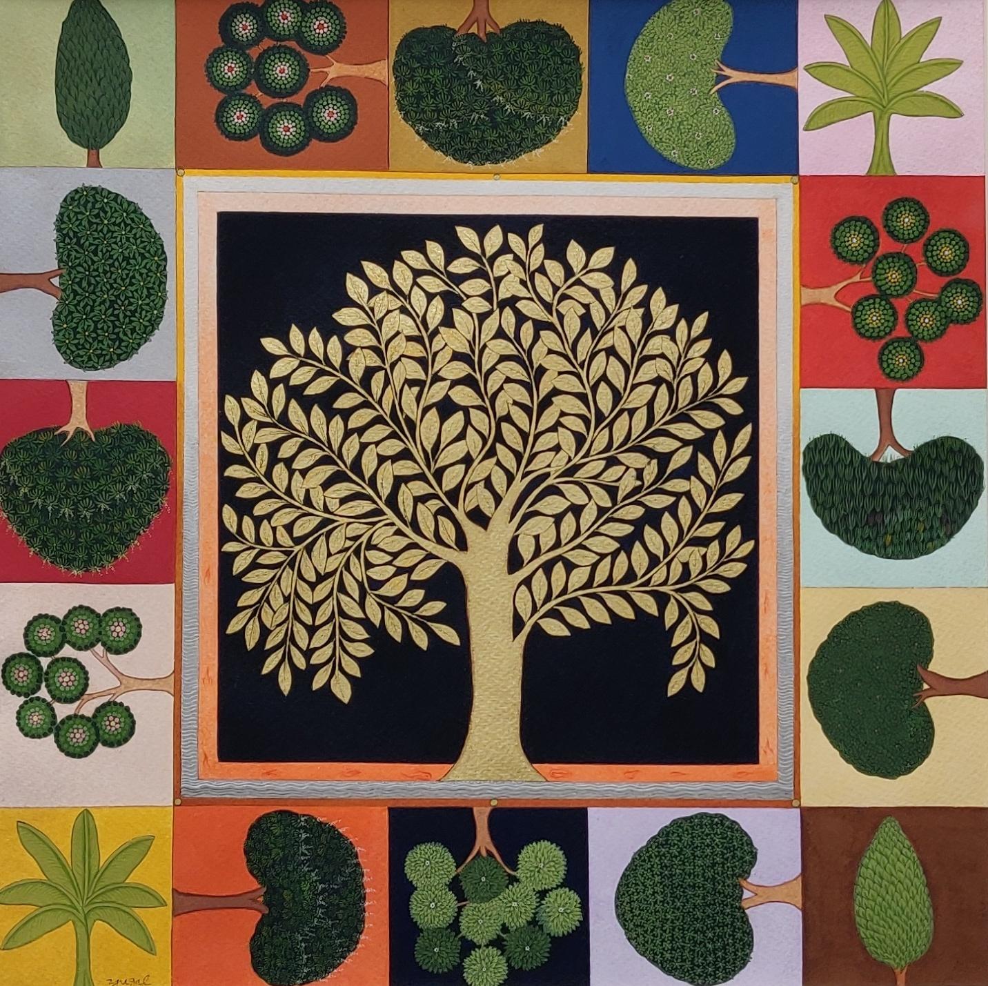 Yugal Kishor Sharma Interior Painting - The Tree, Gouache & Gold Leaf on Paper, Green by Contemporary Artist "In Stock"