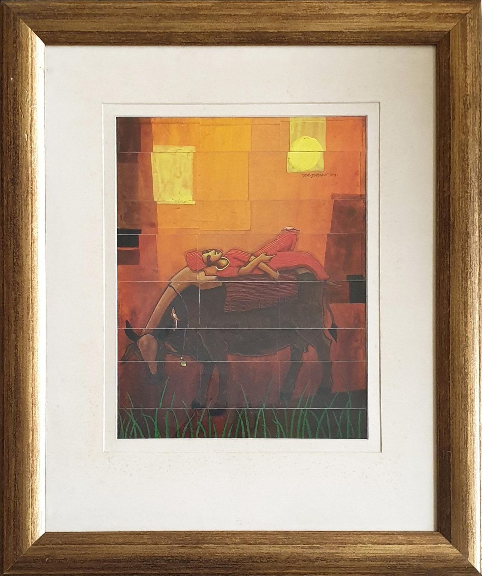 Animal Painting Samir Sarkar - Lover la vache, acrylique sur panneau rayé, rouge, marron, artiste contemporain « en stock »