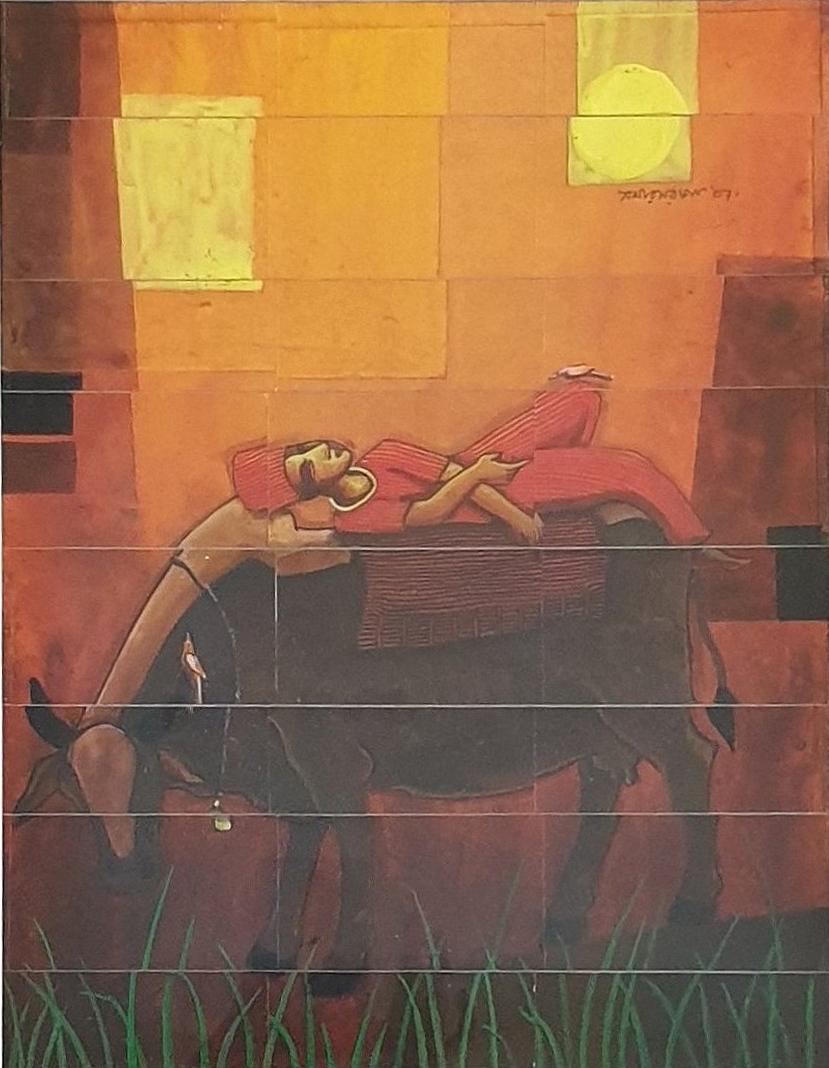 Cow Lover, Acryl auf gestreiftem Karton, Rot, Braun, zeitgenössischer Künstler, „Auf Lager“ – Painting von Samir Sarkar