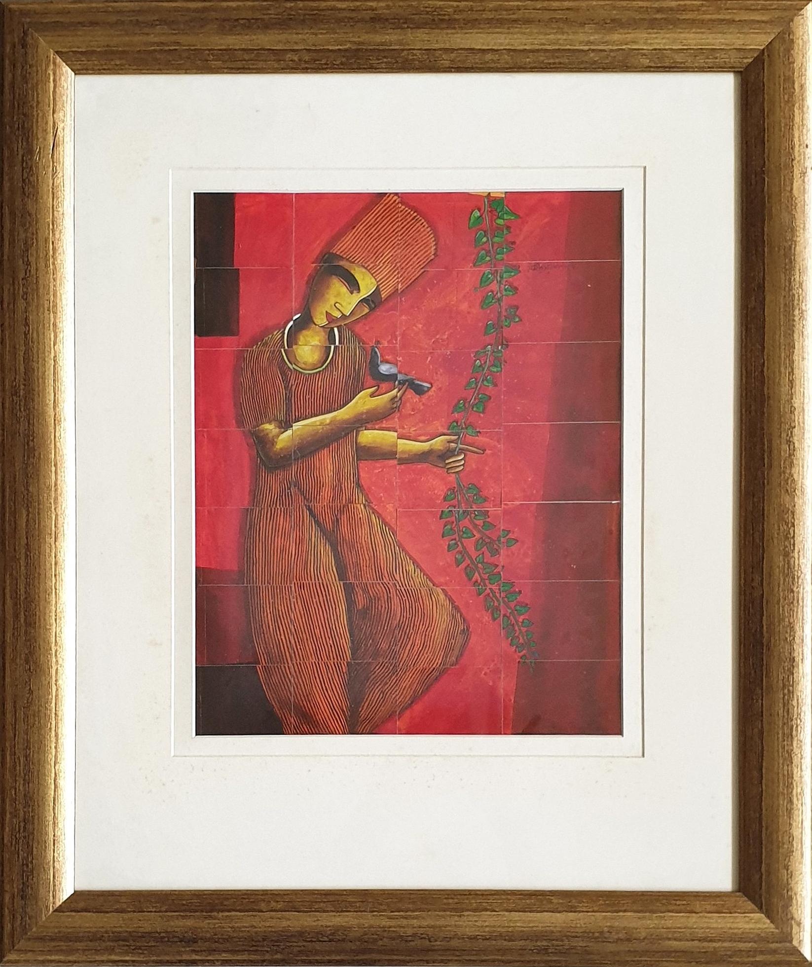 Samir Sarkar Figurative Painting - Decorator, Acrylic on Stripped Board, Red, Green, Contemporary Artist "In Stock"