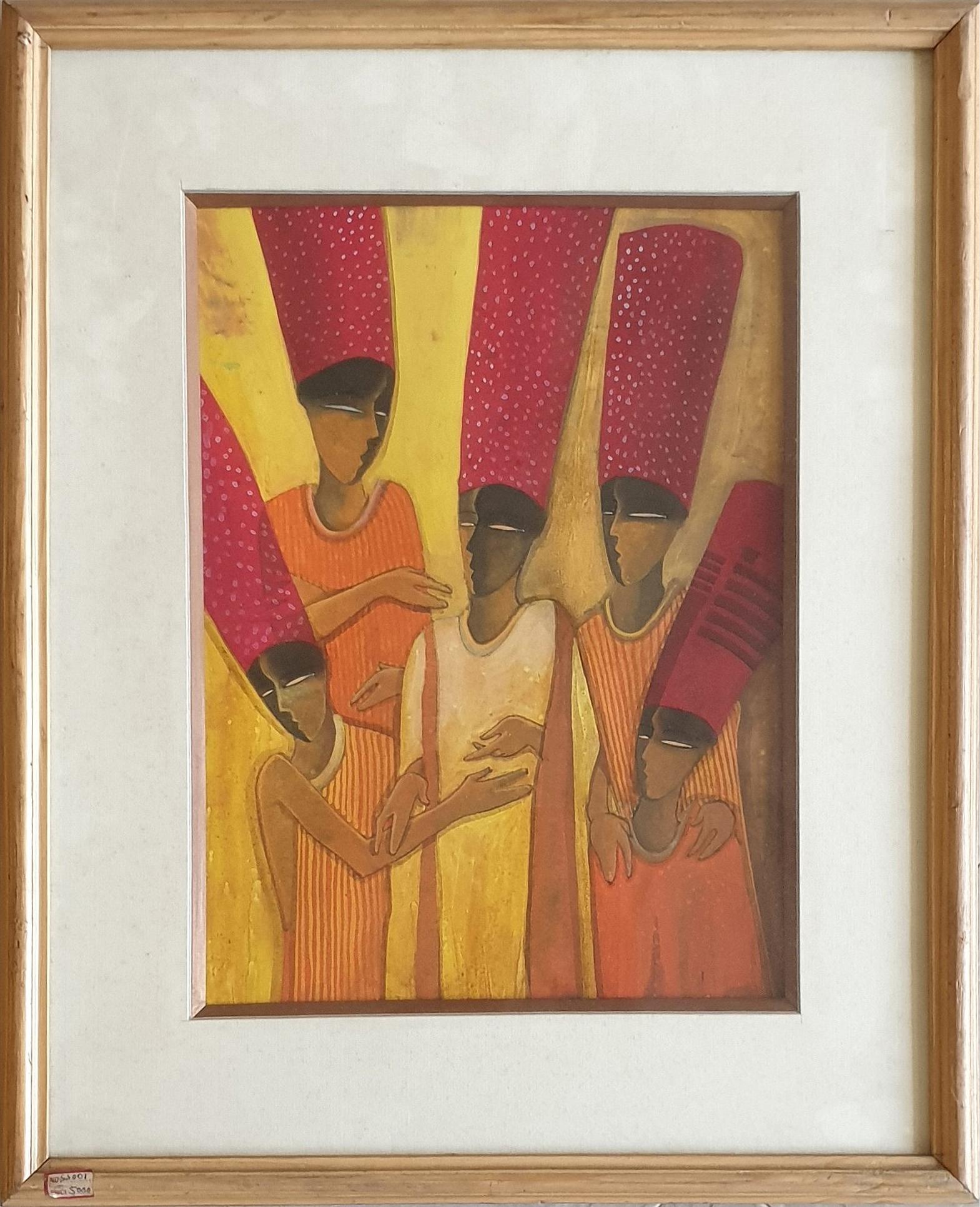 Samir Sarkar Interior Painting – Gemeinsam, Gossip, Mixed Media auf Papier, Rot, Orange, Zeitgenössischer Künstler, „Auf Lager“