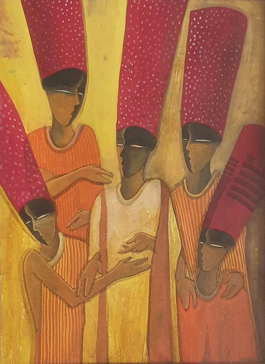 Gemeinsam, Gossip, Mixed Media auf Papier, Rot, Orange, Zeitgenössischer Künstler, „Auf Lager“ – Painting von Samir Sarkar