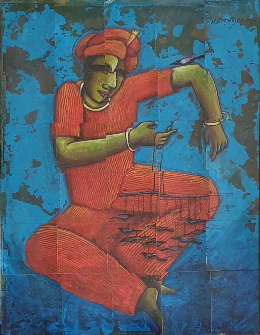 Homme jouant avec un oiseau, acrylique sur panneau rayé, artiste contemporain « en stock » - Painting de Samir Sarkar