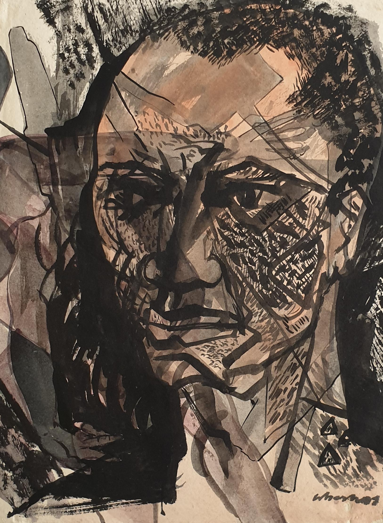 Abesh Bivore Mitra Figurative Painting - Transformed faces III, Ink & Mixed Media on paper, Contemporary Artist"In Stock"