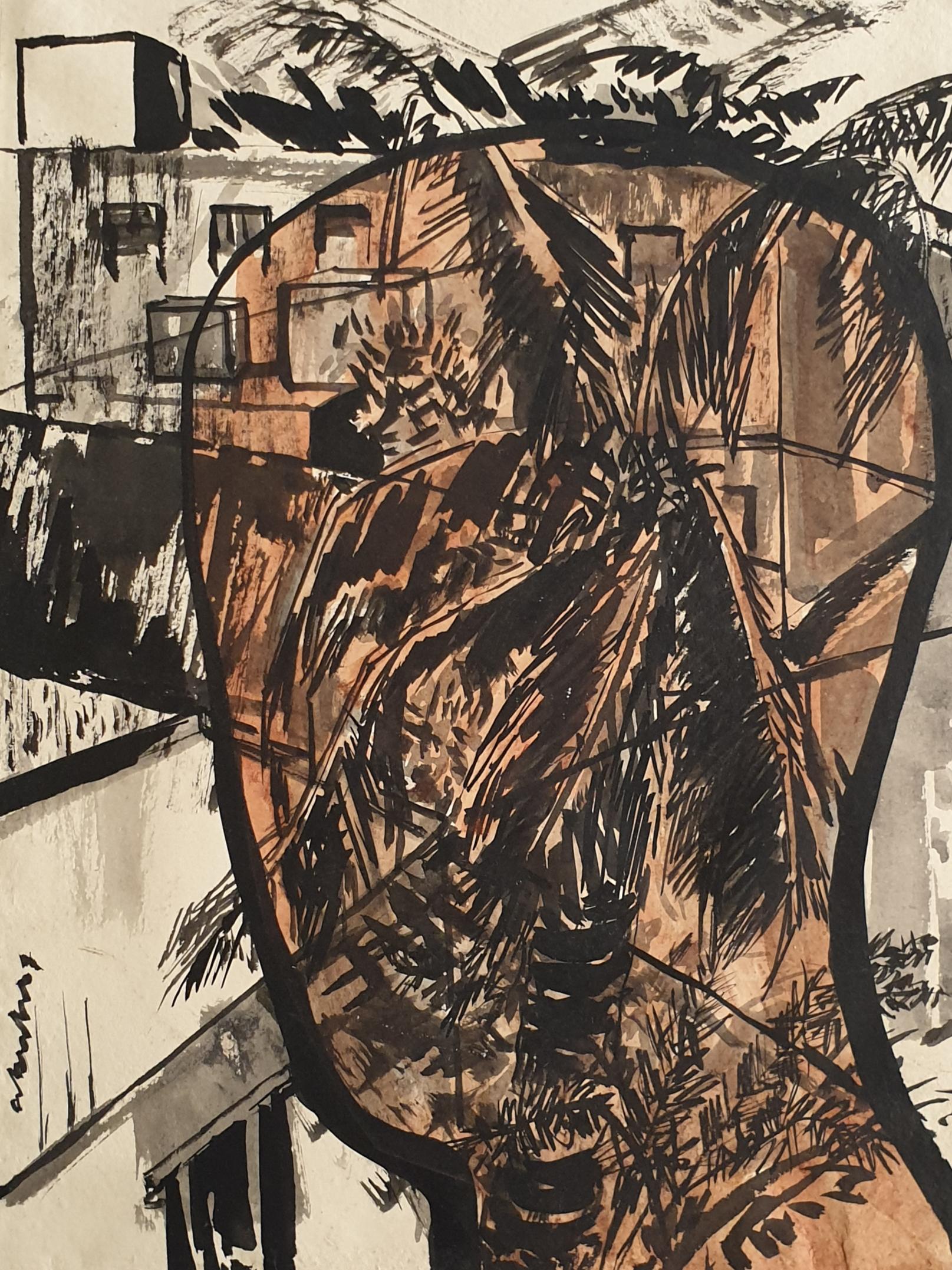 Abesh Bivore Mitra Figurative Painting - Head & Landscape IV, Ink & Mixed Media on paper, Black Brown color  "In Stock"
